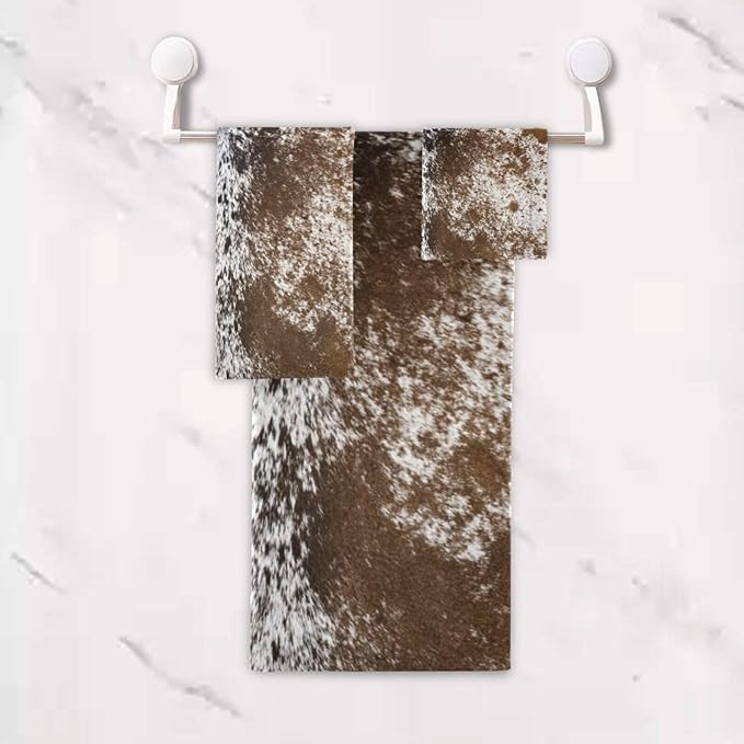 Western Cow Print Bath Towels Set,Absorbent Soft 3 Piece Brown Farm Cowhide Animal Fur Pattern Towels for Bathroom,1 Bath Towel 1 Hand Towel 1 Washcloth,Quick Dry Decoractive Bathroom Towels