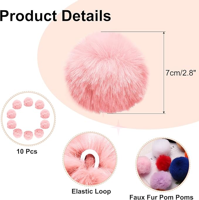 uxcell 2.8 Inch Faux Fur Pom Pom Balls, 10 Pcs Piggy Pink Fluffy Soft Faux Fur Pom Poms for Hats with Elastic Loop for DIY Knitting Hats Keychain Scarves Gloves Bags Shoes Accessories