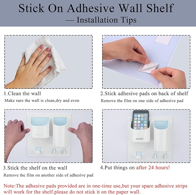 Bedside Shelf Organizer,Stick On Adhesive Wall Mounted Floating Shelf Holder for Phone,Headset,Reading Glasses,Remote Control - Good for Home,Dorm,Bedroom,Office (Vertical Type/White)