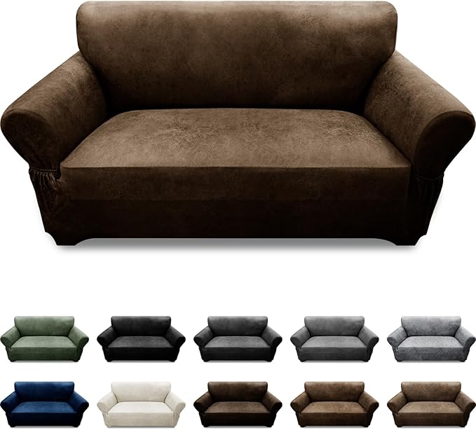 Loveseat Sofa Slipcover Leather Look Couch Covers for 2 Seater Couch Sofa 1-Piece Sofa Cover Stretch Furniture Protector with Elastic Bottom & Pockets(Loveseat, Dark Brown)