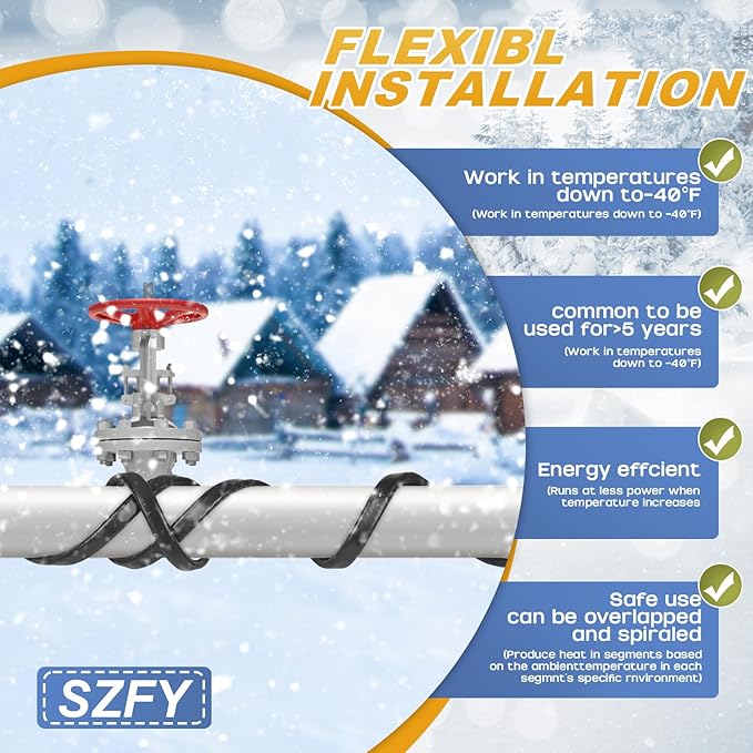 3FT~200FT Heat Tape for Water Pipes, -40°F Deicing Cable,Pipe Heat Cables for Roof,Gutter，Farm，Freeze Protetion Heating Wires, Heated Water Hose,Plumbing Fixtures,120V 5W/FT (50FT)