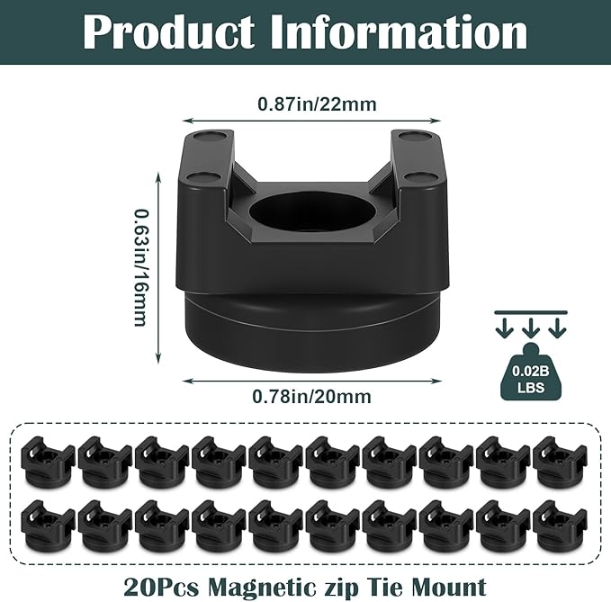 20 Pcs Magnetic Zip Tie Mount Base, Black Magnetic Cable Clip, Multipurpose Cable Ties Management Base Electrical Supplies for Wire Cables Management Bases (22 mm)