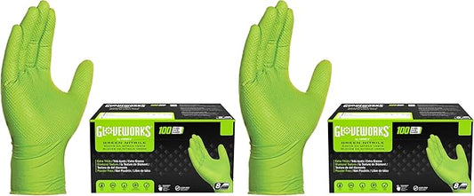 GLOVEWORKS HD Green Gloves, 8 Mil Nitrile Disposable Heavy Duty Raised Diamond Grip Mechanic Glove, Bulk Purchasing Options