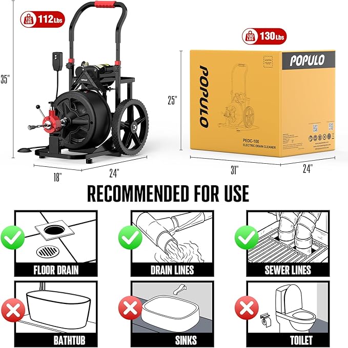 100 ft x 1/2 inch POPULO Auto Feed Electric Drain Snake Auger for 2 to 4 Inch Pipes, Sewer Plumbing Snake Auger, Heavy Duty Drain Cleaner Machine with 8 Cutters & 1 Root Killer & Gloves