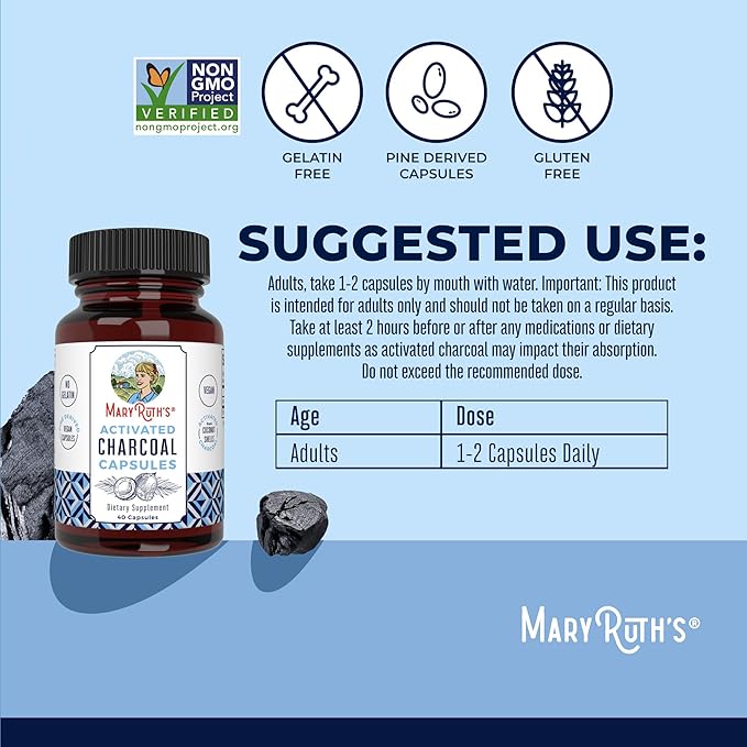 MaryRuth Organics Activated Charcoal Capsules | Substance Adsorption | Derived from Coconut Shells | Vegan Capsules from Pine Trees | Non-GMO | Gluten Free | 40 Count