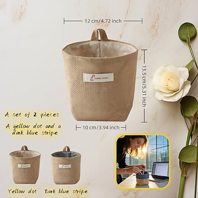 Machine Washable Hemp Cotton Hanging Organizer for Door, Wall & Bedside. Space Saving Storage Pockets, Heavy Duty 15lb Anti-Slip Design for Home & Office (White dot)