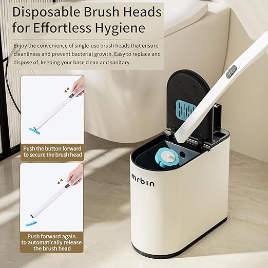 MRBIN Motion Sensor Bathroom Trash Can and Disposable Toilet Brush Holder Set, 1.8 Gallon Slim Touchless Small Garbage Pail, Toilet Smart Waste Basket with Lid and Odor Filter, Cream White