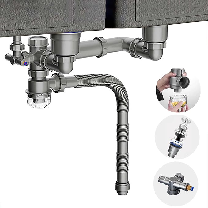 Double Sink Drain Kit Space Saving Kitchen Sink Drain Kit Expandable Flexible 1 1/2" P-Trap Pipe 3-1/2 Inch Sink Drain Assembly Kit with 4-Way Fitting Adapter for Dishwasher