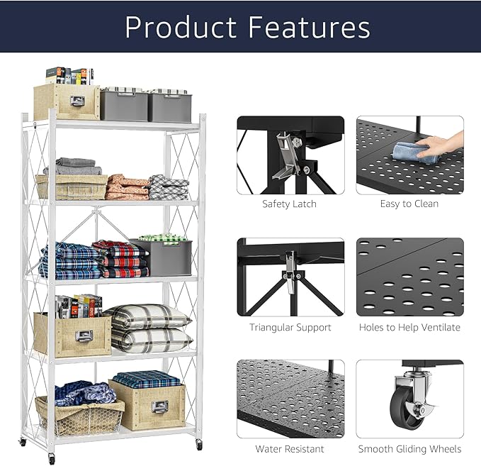 5-Tier Foldable Storage Shelf with Wheels | Metal Rack Collapsible Shelving Display | Rolling Cart for Books Kitchen Storage Shelves | Pantry & Closet Organizer | Office Room Decor