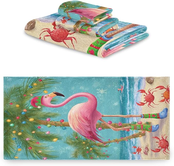 Pfrewn Christmas Winter Towels Set of 3 Christmas Tropical Flamingo Palm Tree Crab Bathroom Towel Soft Absorbent Bath Hand Towels Washcloth Guest Towel Sets Xmas Holiday Decor