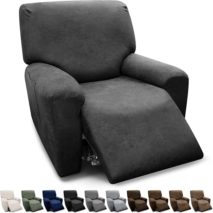 Chair Covers 4-Pieces Recliner Chair Covers 1 Seater Cover for Recliner Chair Leather Look Recliner Slipcovers with Pockets Spandex Fabric Furniture Covers(Recliner, Dark Grey)