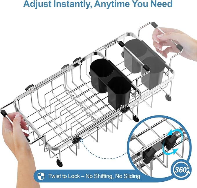 GSlife Small Sink Dish Drying Rack - 9" W Expandable Stainless Steel Compact Dish Drainer for RV, Apartment, Camper, Kitchen, Dish Strainer with Lock Knob, 11.9"-16.7" L, Silver