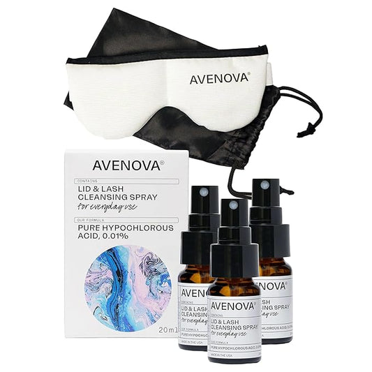 Avenova Eyelid & Eyelash Cleanser Spray 20ml Bottle 3-Pack + Moist Heating Eye Compress Mask Bundle – Pure Hypochlorous Acid & Reusable Mask