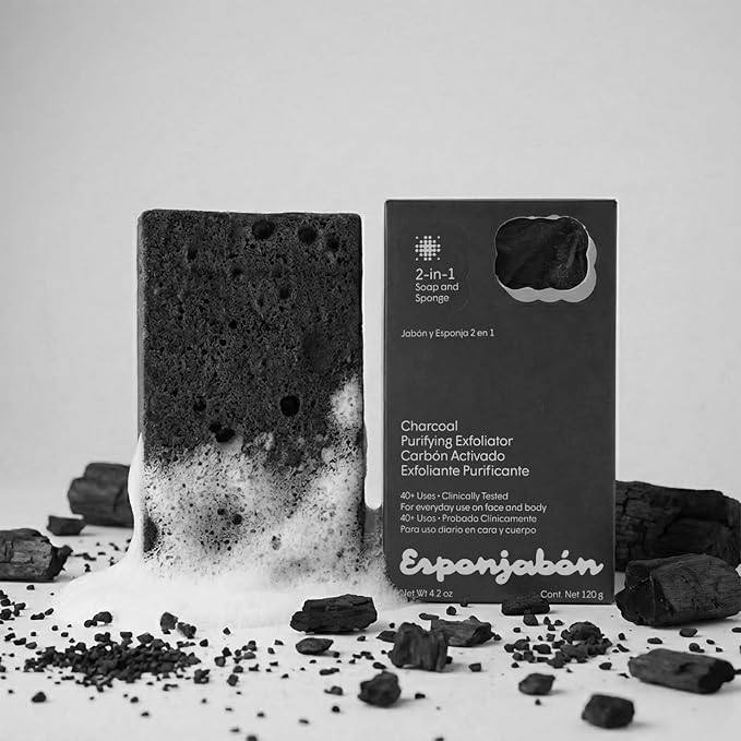 T.Taio Esponjabon Mother of Pearl and Charcoal Soap Sponges — Shower Scrubbers That Remove Oil and Dirt — Sponges to Scrub Foot, Elbow and Face — Bathroom Accessories — Fresh Scent (4-Pack)