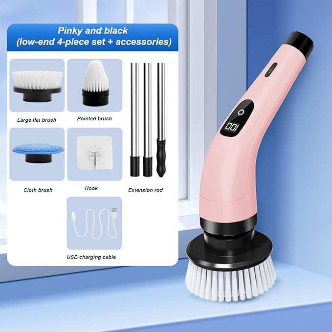 Electric Spin Scrubber, Cordless Bathroom Scrubber, Electric Brush Cleaner, 370 RPM USB Rechargeable Scrubber with 3 Replaceable Brush Heads, 2 Adjustable Speeds Bathroom