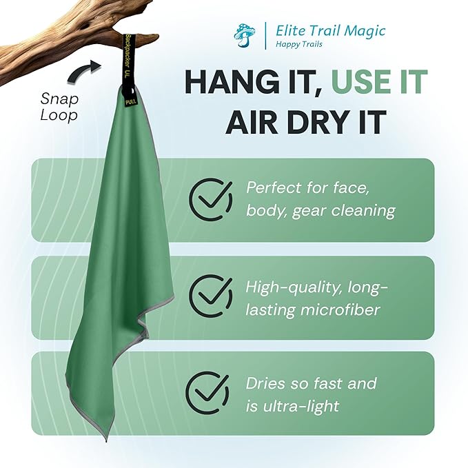 Elite Tail Magic -8 Pack - Lightweight Soft Compact Travel Towel | Quick Drying Backpacking Towel Ultralight with Loop Strap | Sport and Gym Microfiber Face Cloth Yoga | Small 12.5 x 9.9 inches
