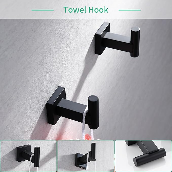Miyili Matte Black 5-Piece Bathroom Hardware Kit Set Stainless Steel Wall Mount - Includes Double Towel Bar, Hand Towel Rack, Toilet Paper Holder, 2X Robe Hook, BS02B5