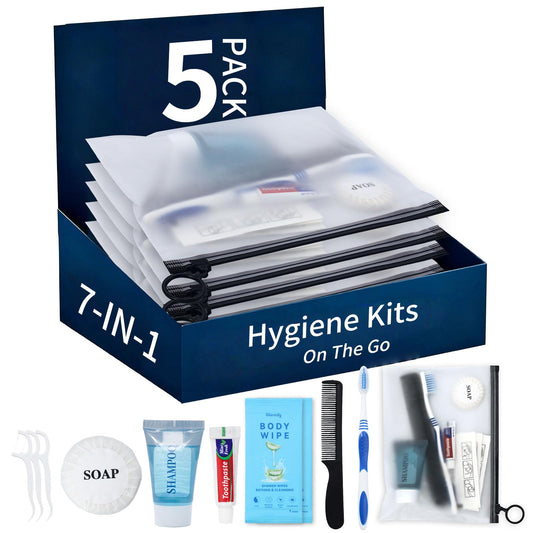 5 Pack Hygiene Kits for Homeless, 7-in-1 Individual Toiletry Kits - Image 1