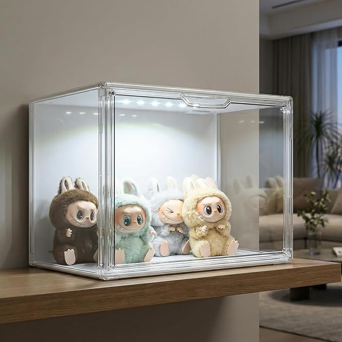 Clear Showcase with Light, Stackable Acrylic Display Case for Collectibles, Figures, Shoes, Toys & Jewelry, Dustproof Storage Box - Support Voice Control Lighting