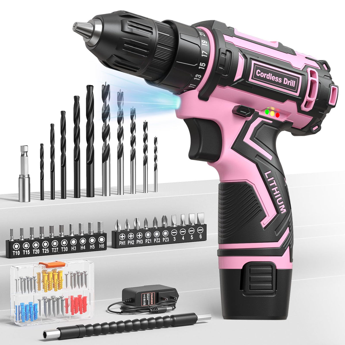 Pink Cordless Drill Set, Electric Power Drill for Women - Image 1