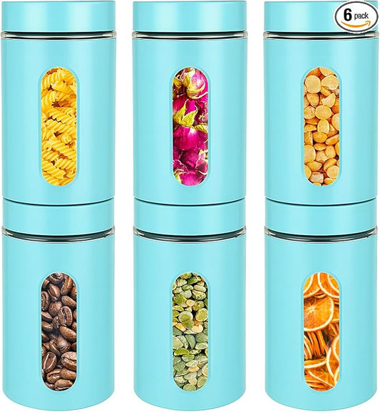 Patelai 6 Pack Kitchen Canisters Set Airtight Stainless Steel Canister Food Storage Container with Window Glass, Coffee Sugar Candy Jars Tea Organizer for Flour Cookies Spice (Turquoise,32 oz)