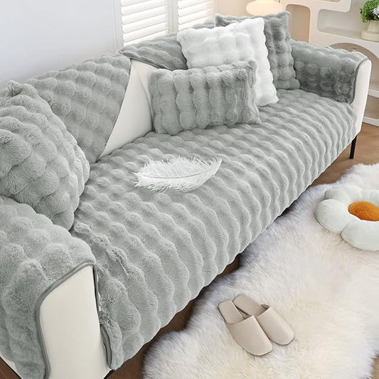 Soft Warm Faux Fur Couch Sofa Cover Thick Shaggy Fuzzy Sectional Couch Cover Non-Slip Solid Color Plush Sofa Slipcover Furniture Protector for Kids, Pets (Light Grey,36"x47")
