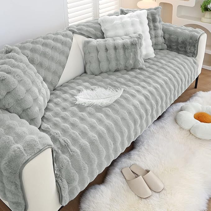 Soft Warm Faux Fur Couch Sofa Cover Thick Shaggy Fuzzy Sectional Couch Cover Non-Slip Solid Color Plush Sofa Slipcover Furniture Protector for Kids, Pets (Light Grey,28"x35")