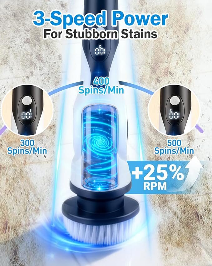 Electric Spin Scrubber, 3-Speed Shower Cleaner Brush with 10 Replaceable Brush Heads, 90 Mins Runtime & Full-Body IPX7 Waterproof Cordless Shower Scrubber with Long Handle