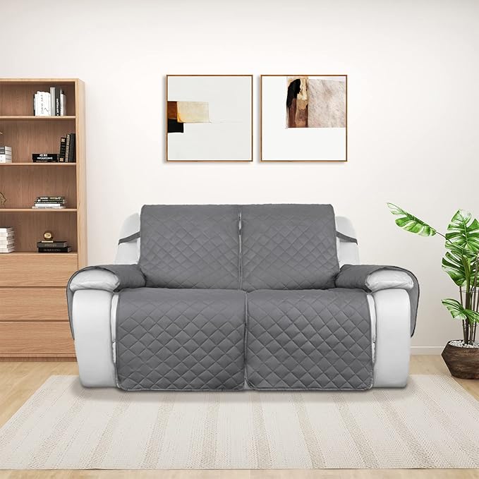 PureFit Water Resistant Reversible Sofa Cover for Reclining Sofa 2 Seat - Non Slip Split Recliner Couch Cover for Double Recliner, Washable Furniture Protector for Kid, Dogs (2 Seat, Gray/Light Gray)