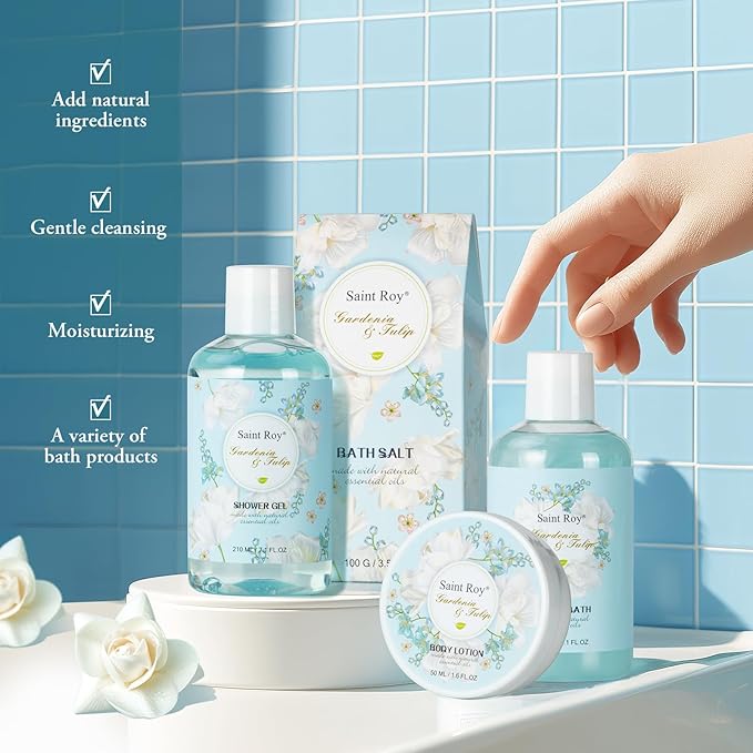 8 Pcs Bath & Body Gift Basket, Gardenia Tulip Gifts for Mom Spa Gift Set for Women, Self-Care Relaxation Gift, Home Spa, Spa Kit w/ Mini Bag Cute Wallet, Birthday, Christmas, Mother Day, Anniversary