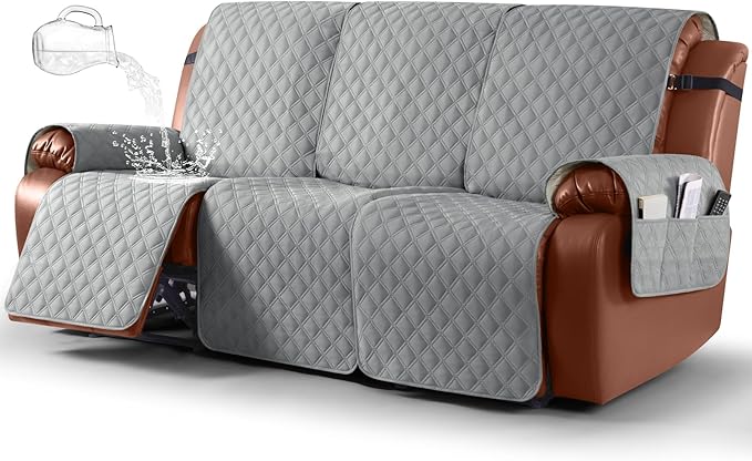 Ruaozz Waterproof Recliner Sofa Covers, 1-Piece Couch Covers for Reclining Couches Reclining Couch Cover Washable Furniture Protector with Elastic Straps Pocket for Kids Pets (Light Grey, 3 Seater)
