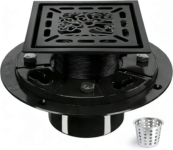 4 Inch Shower Drain, Square Shower Floor Drain Kit with Flange and Removable Cover Grate, AISI 304 Stainless Steel, Matte Black
