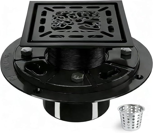 4 Inch Shower Drain, Square Shower Floor Drain Kit with Flange and Removable Cover Grate, AISI 304 Stainless Steel, Matte Black