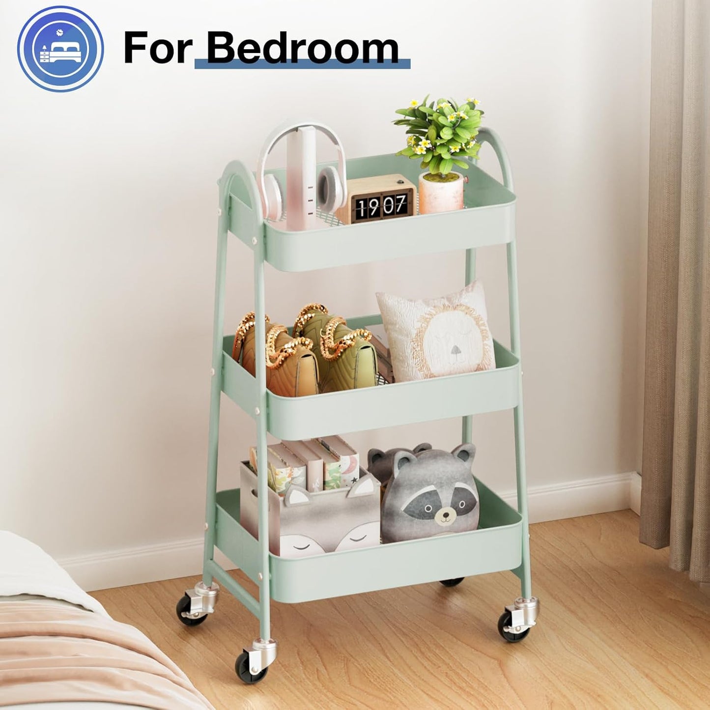 3-Tier Metal Rolling Storage Cart with Lockable Wheels – Mesh Utility Cart for Bathroom, Kitchen & Living Room (Pale Green)