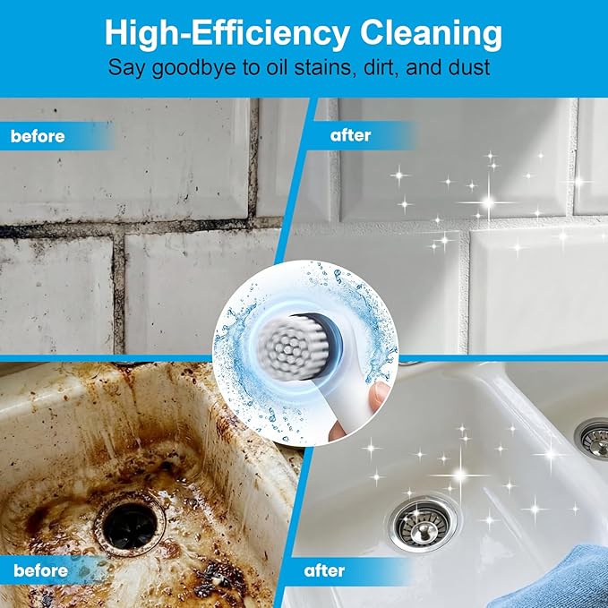 Electric Spin Scrubber-Waterproof Rechargeable with LED Light,5 Multi-Purpose Brush Heads for Deep Cleaning Grout, Tile, Bathroom, Kitchen, Sink, Shower, Tub, Corners & Tight Spaces