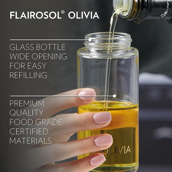 FLAIROSOL OLIVIA Oil Sprayer for Cooking, 2 Pack Olive Oil Spray Bottle130ml Glass Oil Sprayer Mister for Salad, BBQ, Continuous Spray with Portion Control