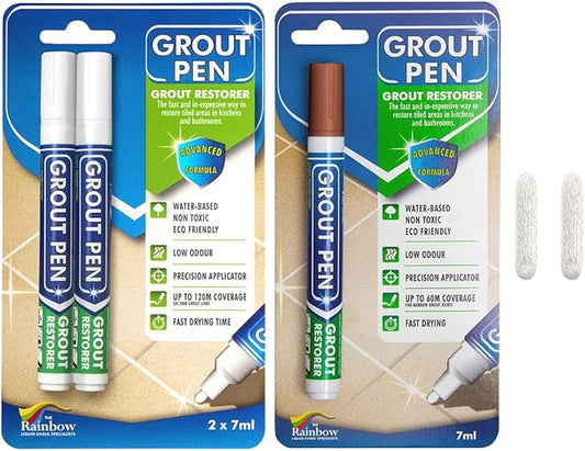 Grout Pen Tile Paint Marker: Terracotta 1 Pack and 2 Pack White with Extra Tips (Narrow, 5mm) - Waterproof Tile Grout Colorant Marker for Cleaner Looking Floors & Whitener Without Bleach