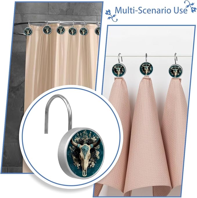 12 Packs Cow Skull Shower Curtain Hooks, Stainless Steel Glass Shower Curtain Rings for Bathroom Decor, Metal Rustproof Curtain Rod Hooks