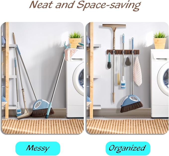 2 Pack Mop Broom Holder Wall Mount - Wood Broom Mop Hanger - Wall Mounted Garden Tool Rack Organizer for Closet Garage Laundry Room Farmhouse Rustic Kitchen Decor With 4 Slots & 4 Hooks
