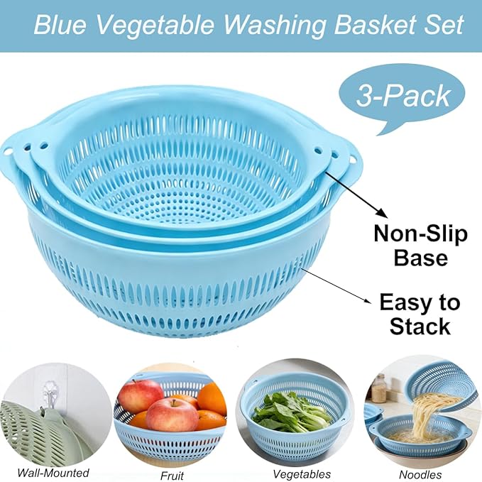 Plastic Wash Basket Round Perforated Colander Wash Vegetables and Fruits Drain Cooked Pasta Kitchen Essentials Food Strainer Basket Strainer Kitchen Blue Yellow green red (3PCS-Blue)
