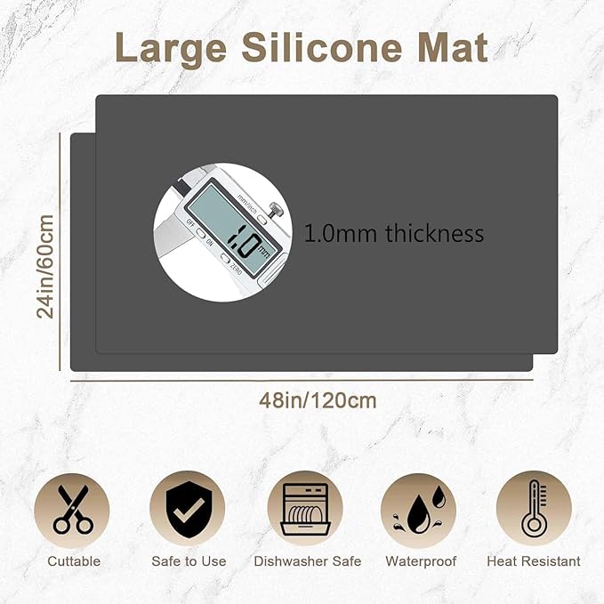 48"x24"(120cmx60cm) Large Silicone Mat for Kitchen Counter, Non-Slip Heat Resistant Countertop Protector, Waterproof Multipurpose Mat for Kitchen Island(2Pack, Dark Gray)
