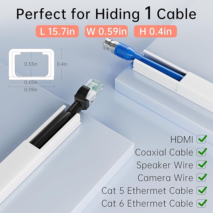 283in PVC Wire Covers for Cords on Wall, One-Cord Cable Concealer Kit, Paintable Cable Raceway Management, Cord Hider, Max for 2 Small Cords for Home Office, W0.59in H0.4in
