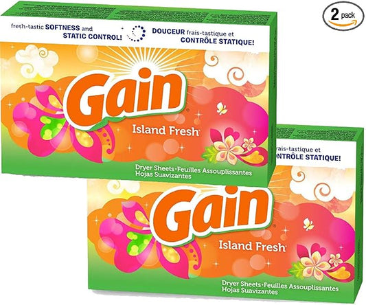 Gain Dryer Sheets - Island Fresh Scent - 34 Count Dryer Sheets Per Box - Pack of 2