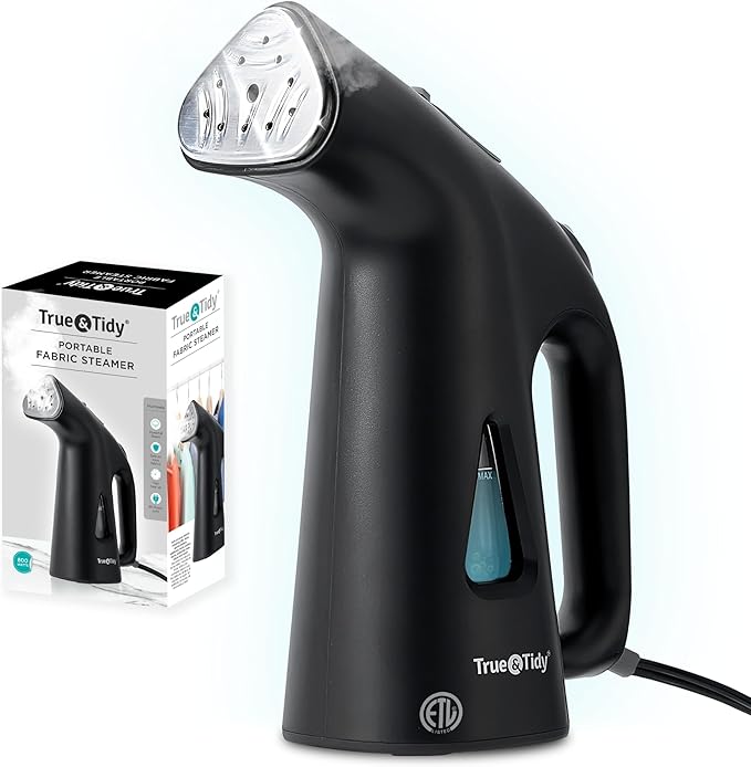 True & Tidy® Handheld Garment Steamer for Clothes with Water Cup Accessory, Portable Travel Steam Iron, Stainless Steel Plate up to 10 mins of Continuous Steam, 800 Watts, Black