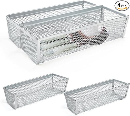 4PCS Drawer Organizer for Kitchen,Utensil Mesh Drawer Organizer with Interlocking Arm for Cosmetic,Flatware,Pen (9 * 3 * 2 Inches,Grey)
