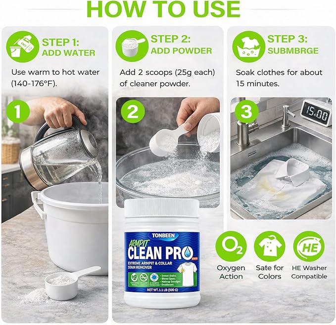 Oxygen Laundry Powder, Sweat & Deodorant Armpit Stain Remover for Clothes, Hyper Concentrated & Suitable for Multi-Stain, Yellow Oil Spot Tough Stain Build Up Remover, Gentle On Fabrics - 500g