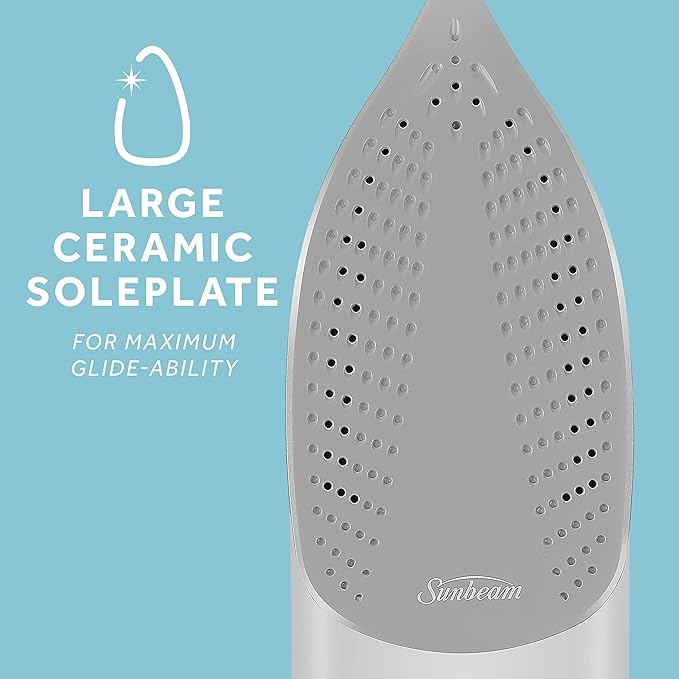 Sunbeam Turbo Steam Iron, 1700 Watt, Nonstick Ceramic Soleplate, Horizontal or Vertical Shot of Steam, Quick Heating, 3-Way Auto-Off, White and Chrome,9.3"L x 3.7"W