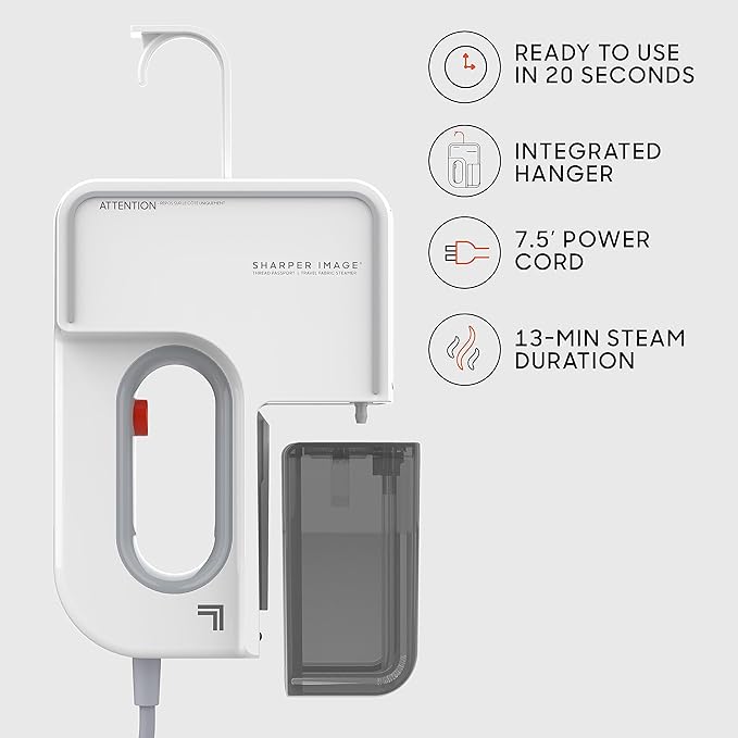 Sharper Image Thread Passport Handheld Travel Steamer, 13 Minutes of Steam, Fast Heat-Up, Removable Water Tank, Portable Steamer for Clothes