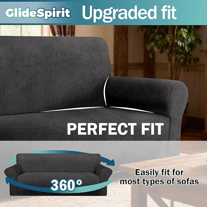Waterproof Stretch Spandex Loveseat Couch Cover - Non-Slip Soft Sofa Slipcover with Elastic Bottom, Washable Leakproof Furniture Protector for Kids, Pets, Dogs & Cats (Loveseat, Dark Gray)