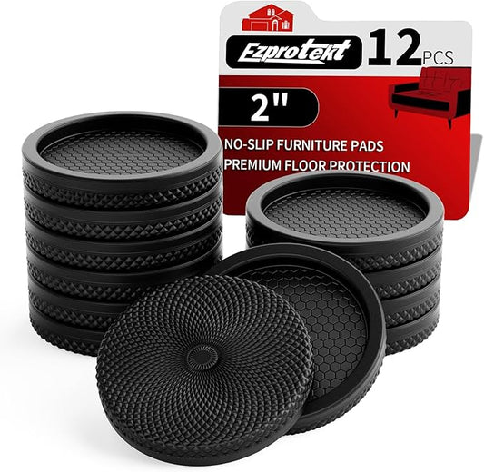 Ezprotekt Non Slip Furniture Pads, 12 Pcs 2" Anti Slip Rubber Caster Cups, No Slide Furniture Gripper, Anti Skid Furniture Coasters for Hardwood Floors, Furniture Stoppers to Prevent Sliding (Black)